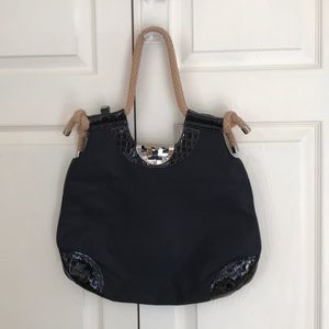 Tory Burch black nylon patent leather tote handbag